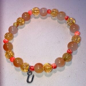 Orange Glass Beaded Bracelet with U Charm